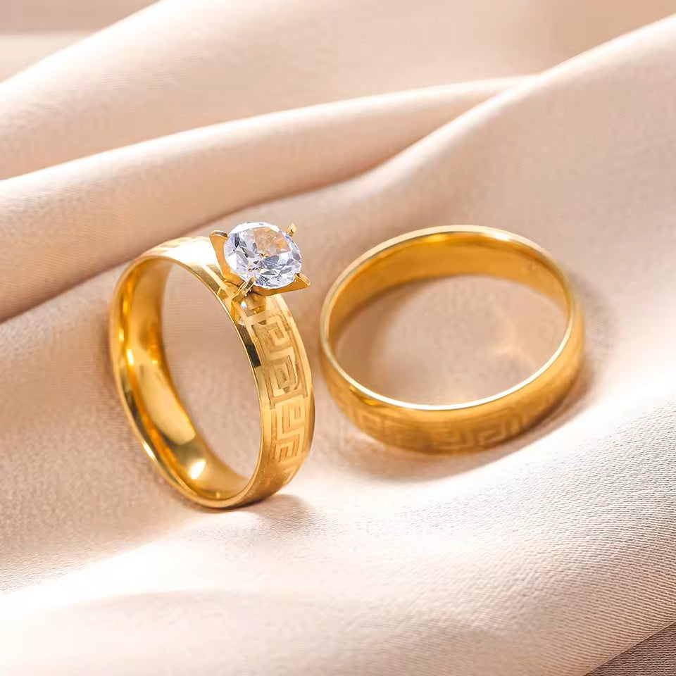 Greek Pattern Single Diamond Couple Ring - Stainless Steel