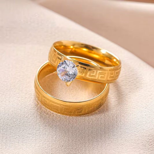 Greek Pattern Single Diamond Couple Ring - Stainless Steel
