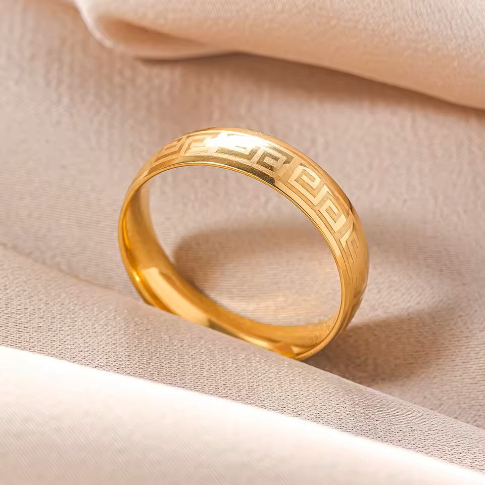 Greek Pattern Single Diamond Couple Ring - Stainless Steel