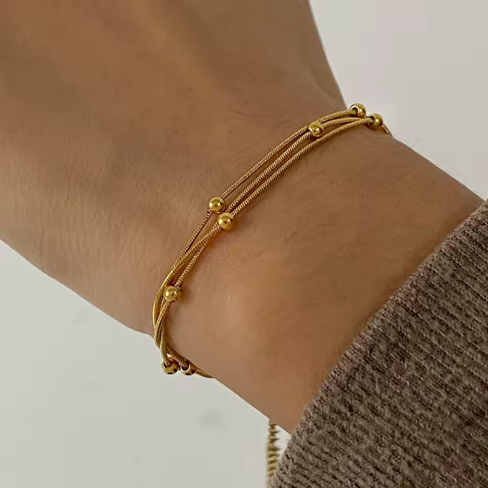 Three Layer Beaded Chain Bracelet - Stainless Steel