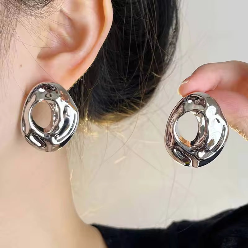 Exaggerated Geometric Hollow Stud Earrings - Stainless Steel