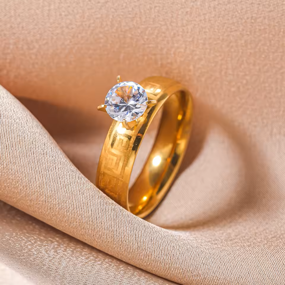 Greek Pattern Single Diamond Couple Ring - Stainless Steel