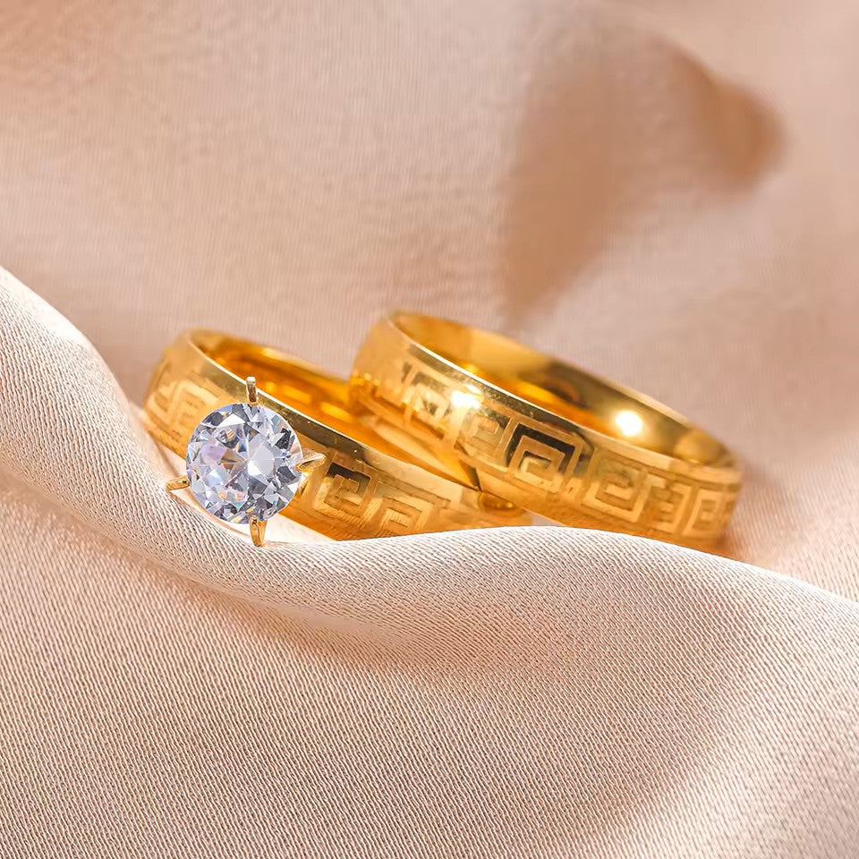 Greek Pattern Single Diamond Couple Ring - Stainless Steel