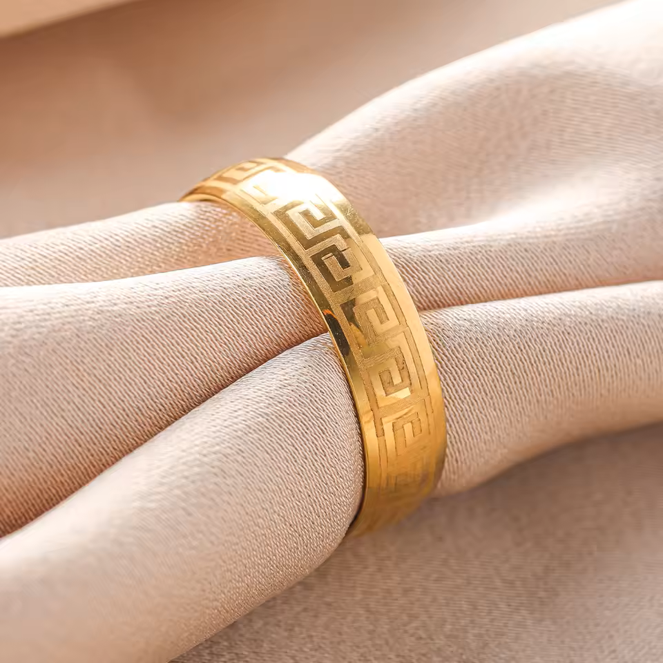 Greek Pattern Single Diamond Couple Ring - Stainless Steel