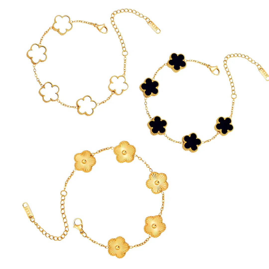 3 Clover Bracelets (Black + White + Golden)