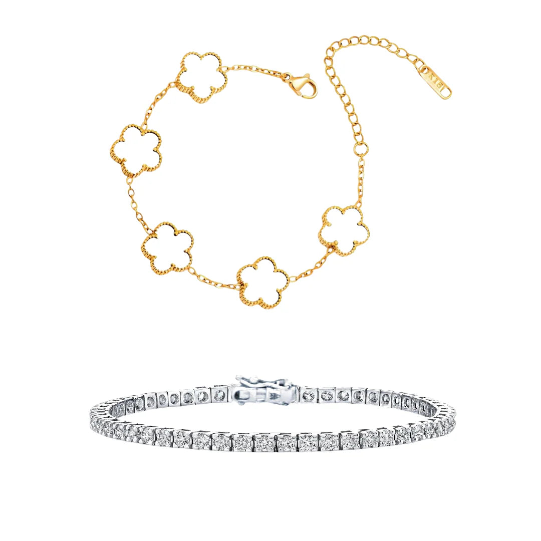 2 Bracelets (Clover + Tennis)