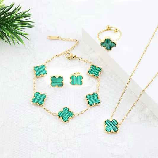 Complete Green Set Clover (Chain Bracelet + Necklace + Ring + Tops)