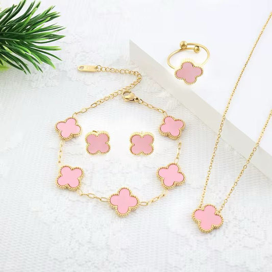 Complete Pink Set Clover (Chain Bracelet + Necklace + Ring + Tops)