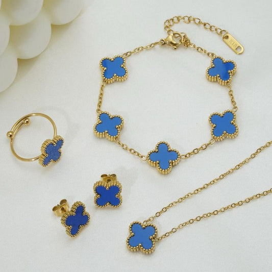 Complete Blue Set Clover (Chain Bracelet + Necklace + Ring + Tops)