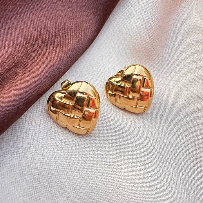 Gold Quilted Heart Stud Earrings - Stainless Steel