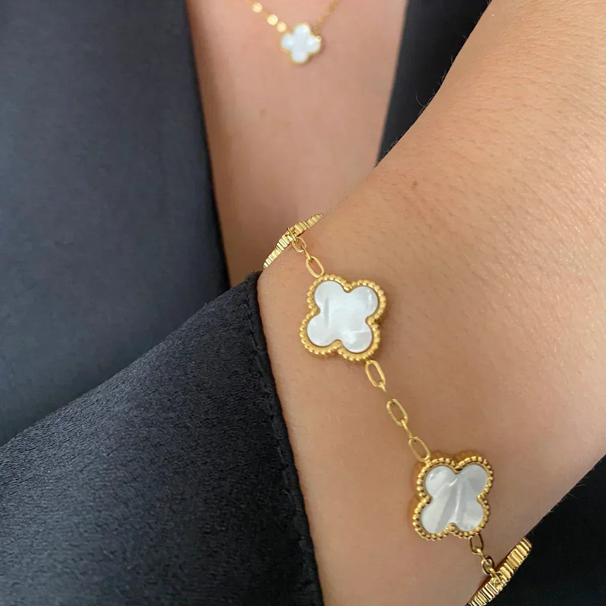 3 Clover Bracelets (Black + White + Golden)