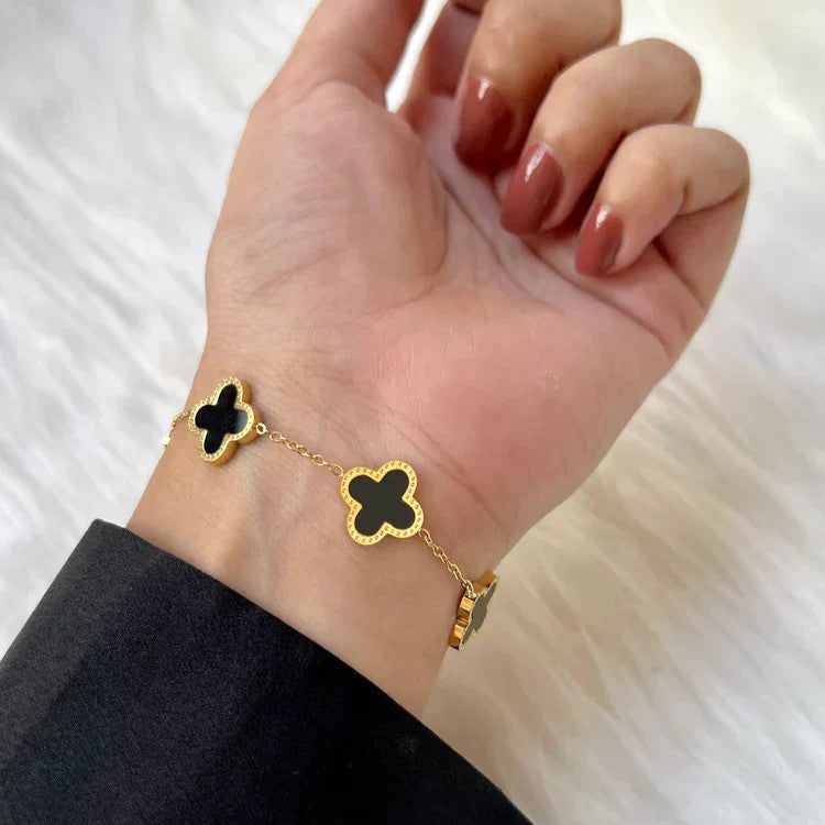 3 Clover Bracelets (Black + White + Golden)