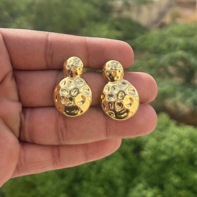 Hammered Half-Sphere Stud Earrings - Stainless Steel