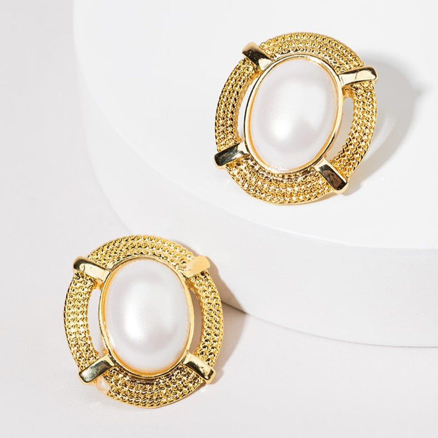Oval Plated Pearl Earrings - Stainless Steel