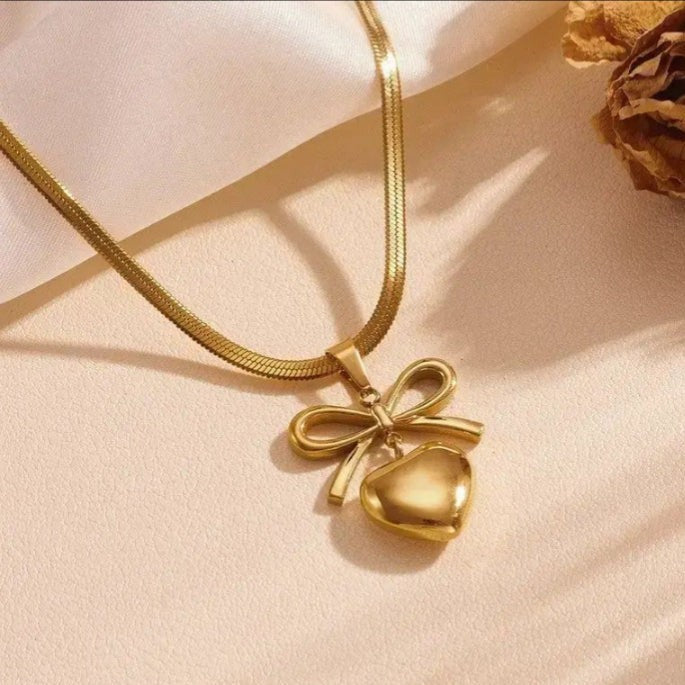 Bow Heart Necklace - Stainless Steel