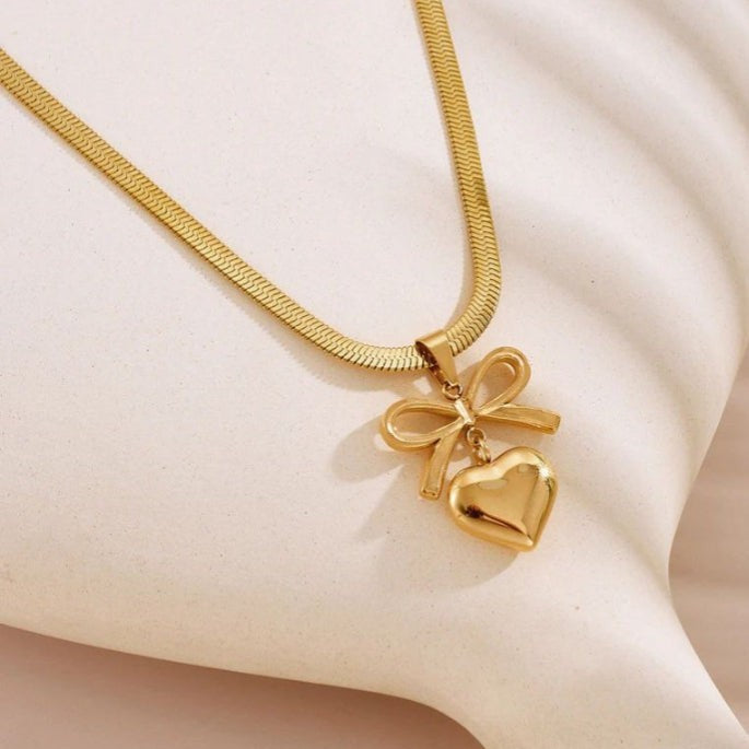 Bow Heart Necklace - Stainless Steel