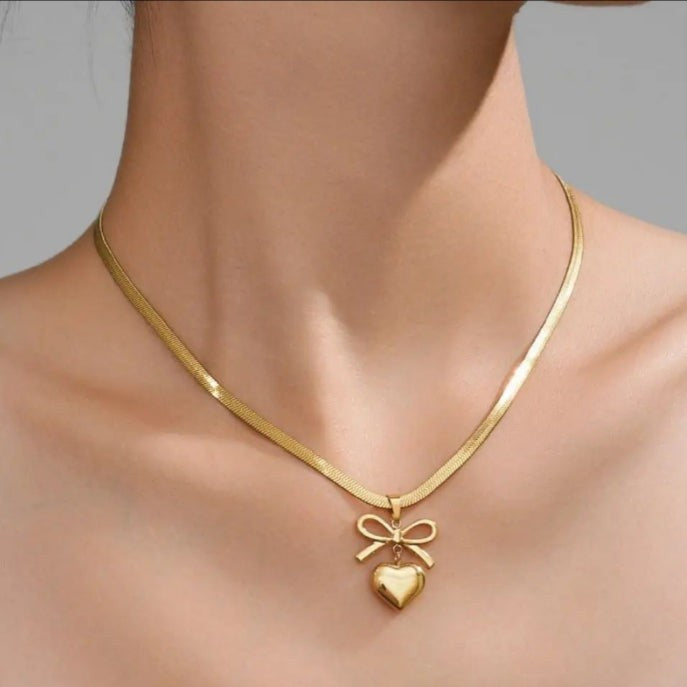 Bow Heart Necklace - Stainless Steel