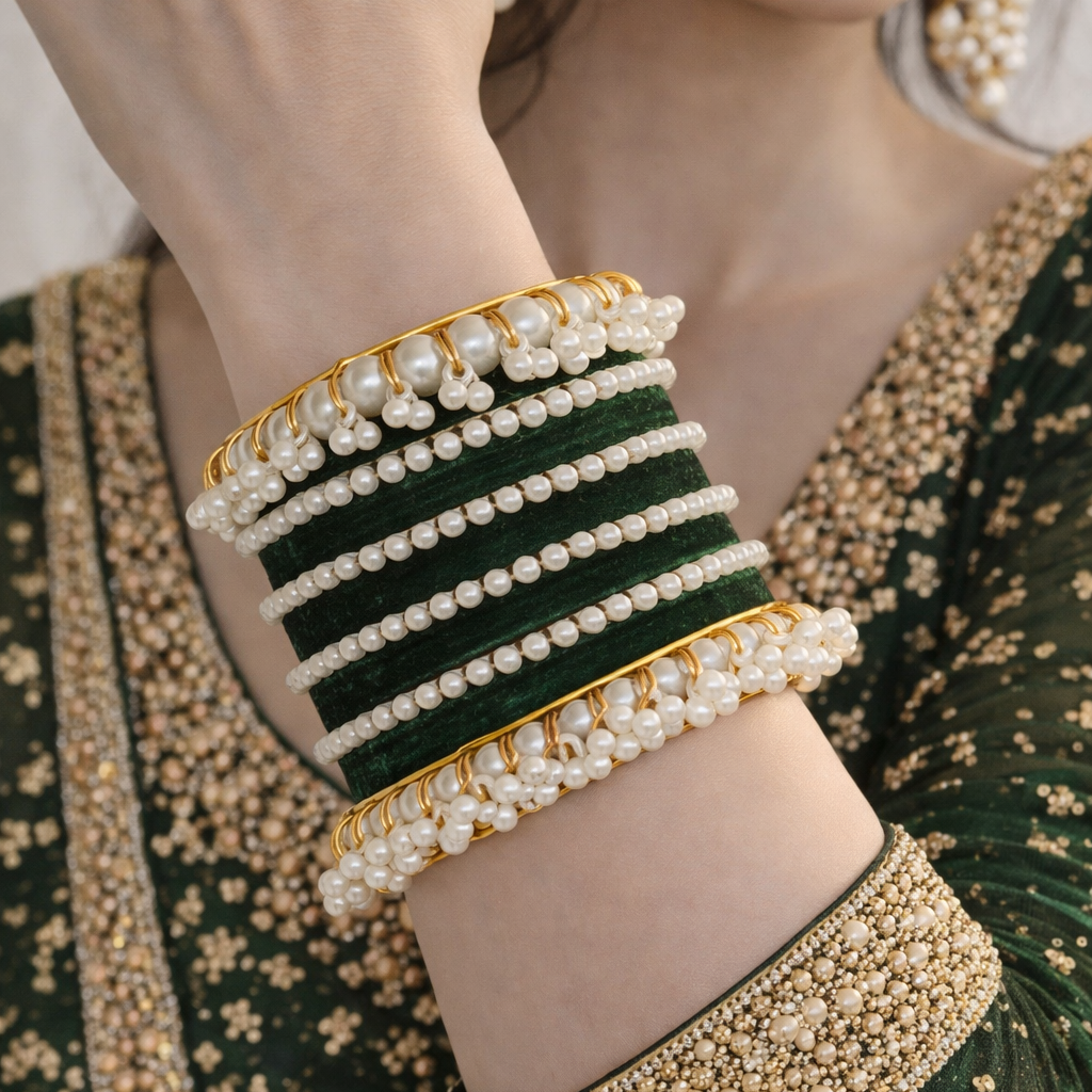 Deep Green Velvet Pearl Gajra Bangle - Metal