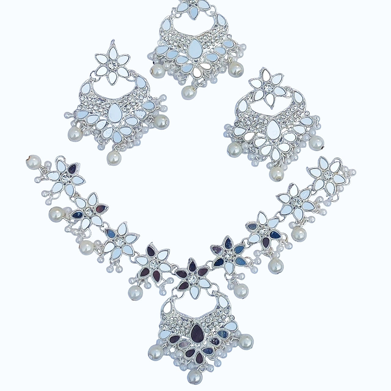 White Mirror Flower Set (Necklace + Earrings + Head Ornament) - Cultural Handmade