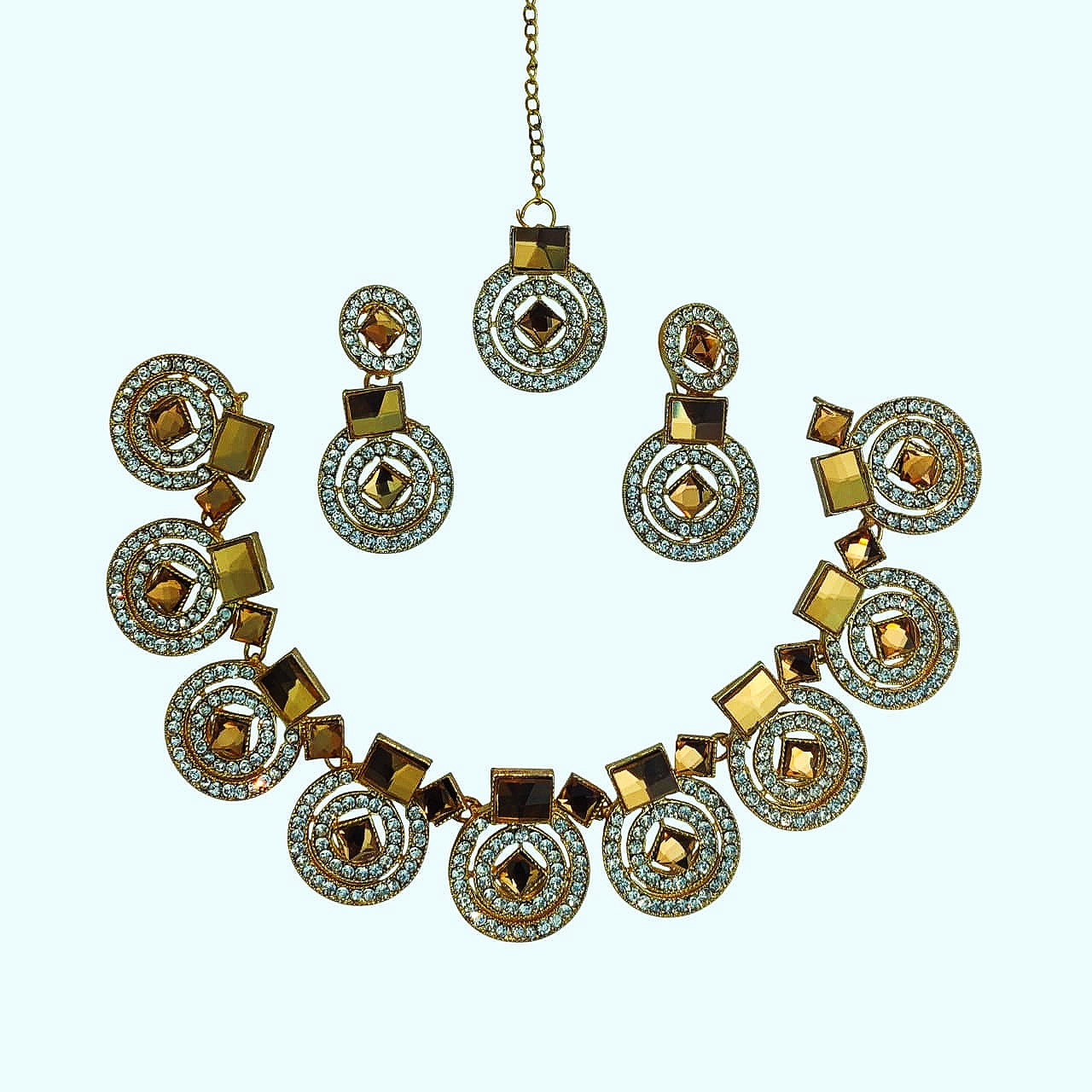 Champagne Round Stud Set (Necklace + Earrings + Head Ornament) - Cultural Handmade