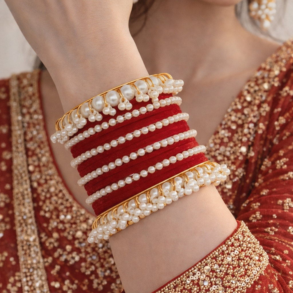 Red Velvet Pearl Gajra Bangle - Metal