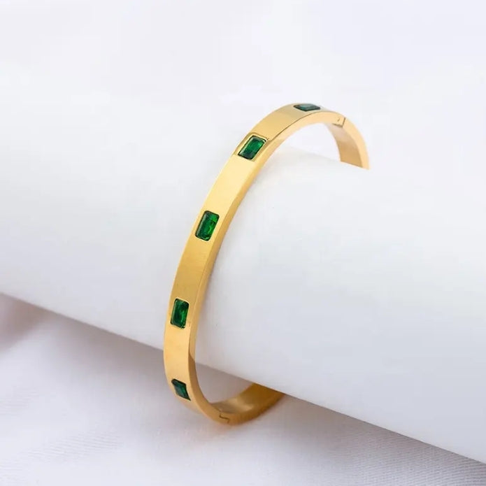 Green Rhinestone Bangle - Stainless Steel