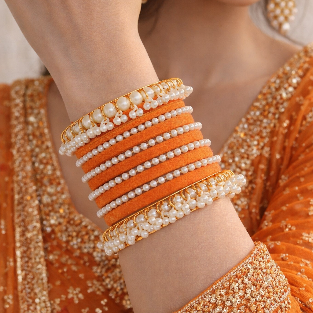 Yellow Velvet Pearl Gajra Bangle - Metal