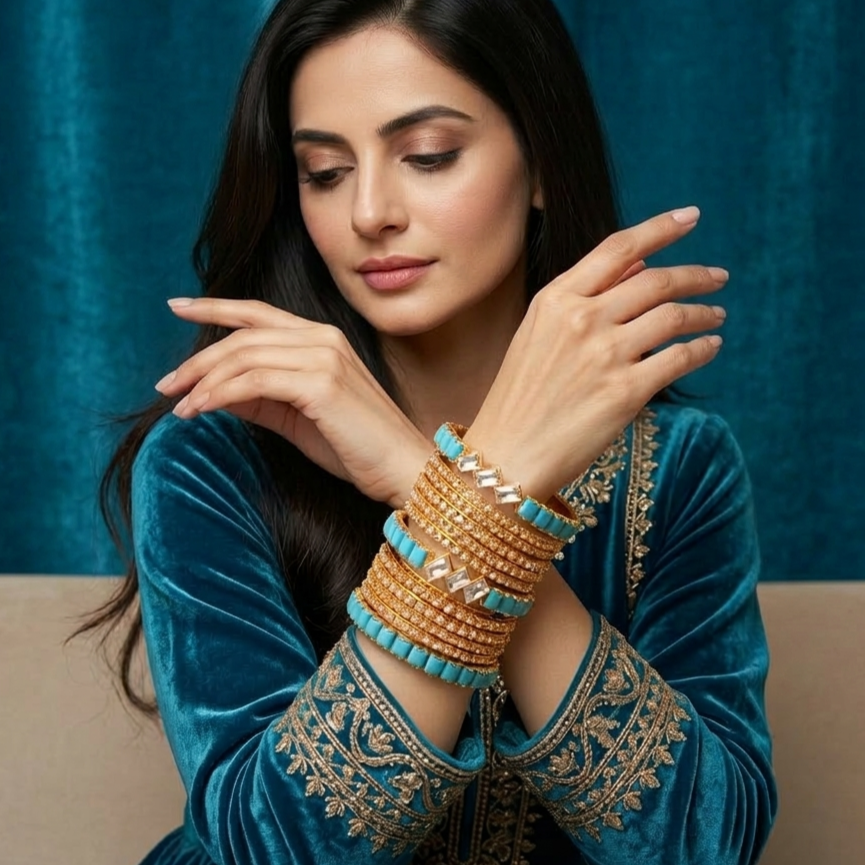 Three Diamond Blue Bangle Set - Premium Quality China Gold