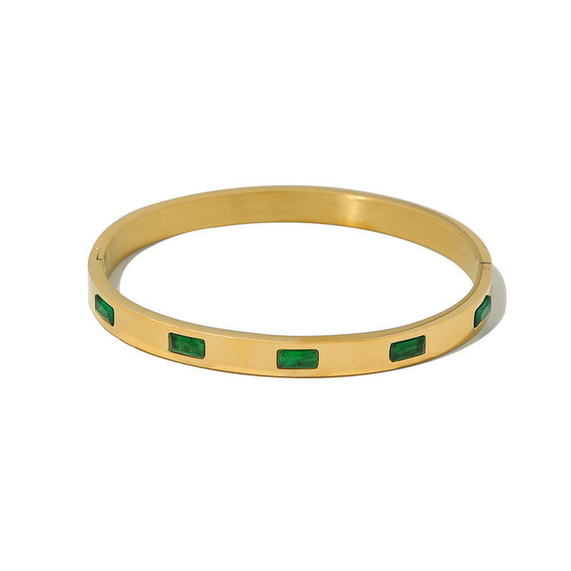 Green Rhinestone Bangle - Stainless Steel