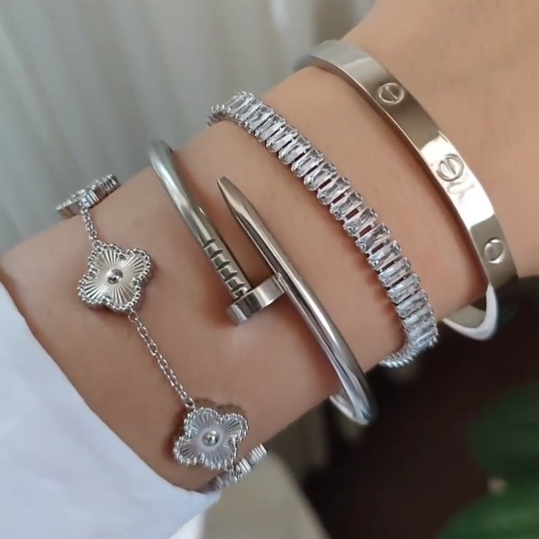 4 Bracelets (Clover + Screw Nail + Tennis + Cartier)