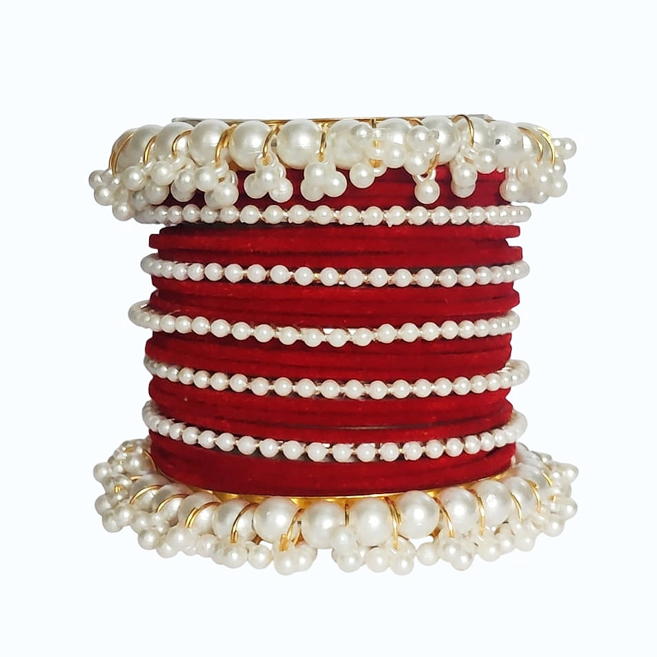 Red Velvet Pearl Gajra Bangle - Metal