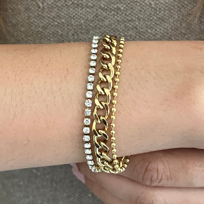 Triple Layer (Beads + Curb + Tennis) Bracelet - Stainless Steel