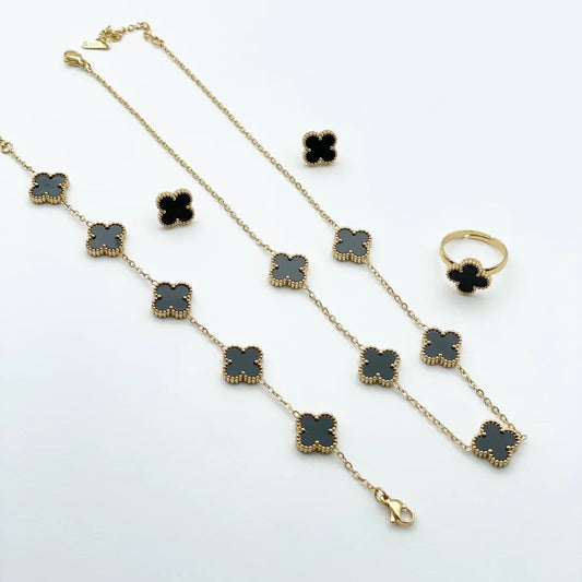 Complete Black Set Clover (Chain Bracelet + Necklace + Ring + Tops)