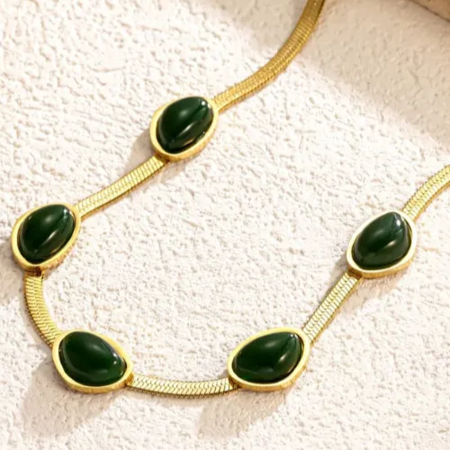 Oval Green Crystal Necklace - Stainless Steel