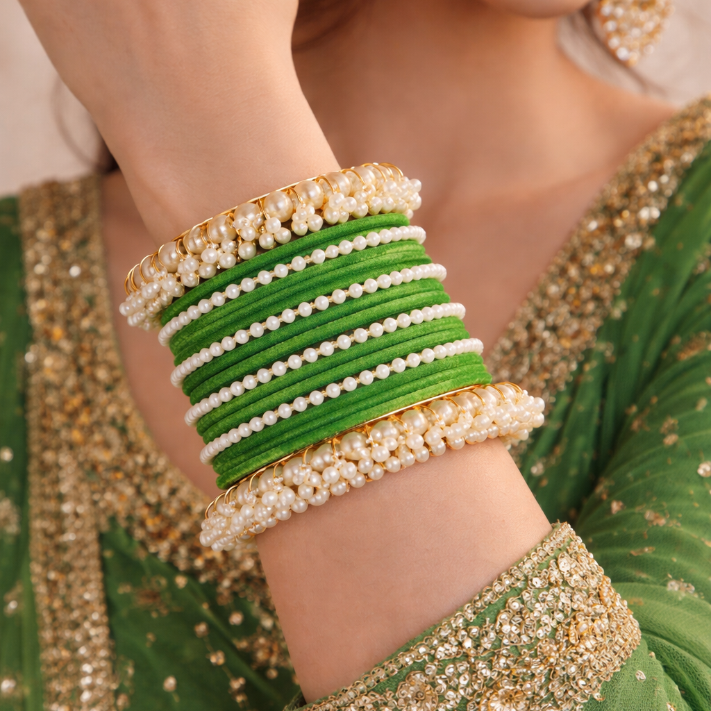 Parrot Green Velvet Pearl Gajra Bangle - Metal