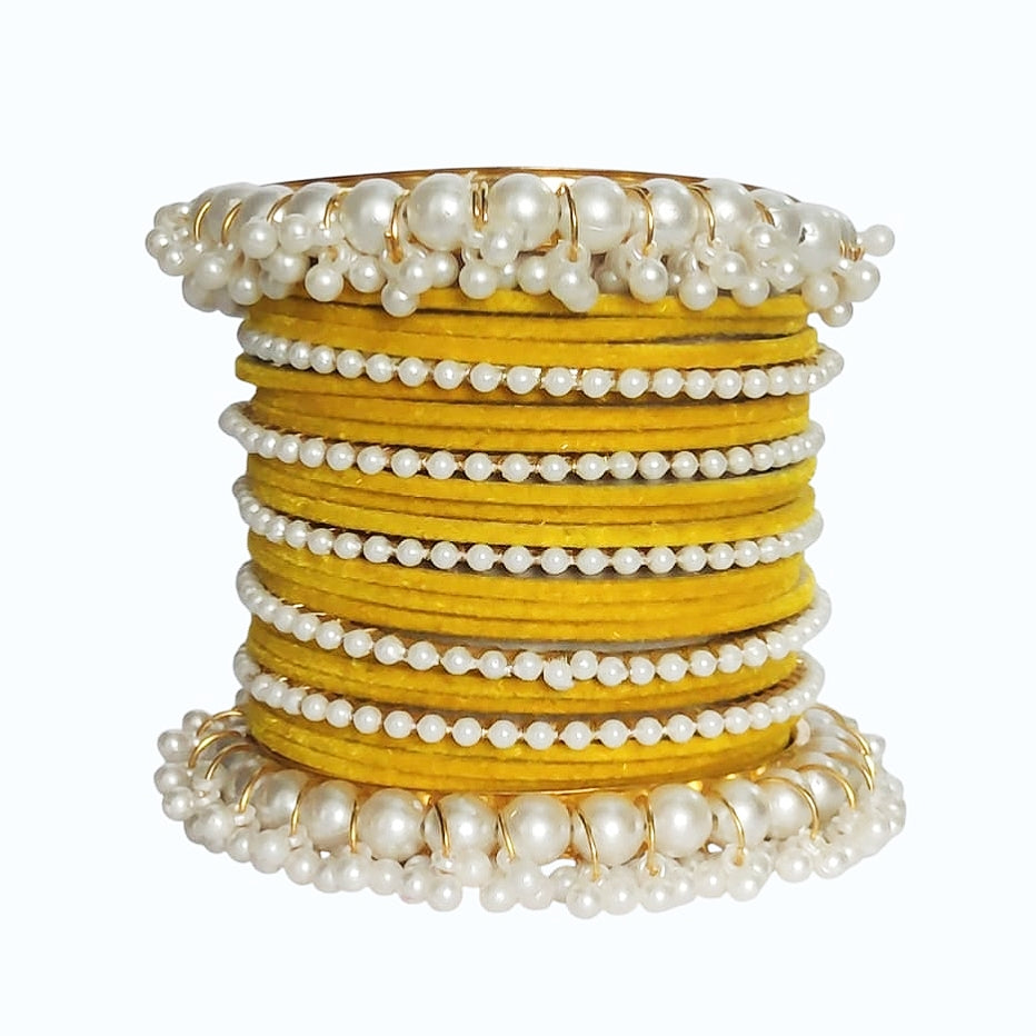 Yellow Velvet Pearl Gajra Bangle - Metal