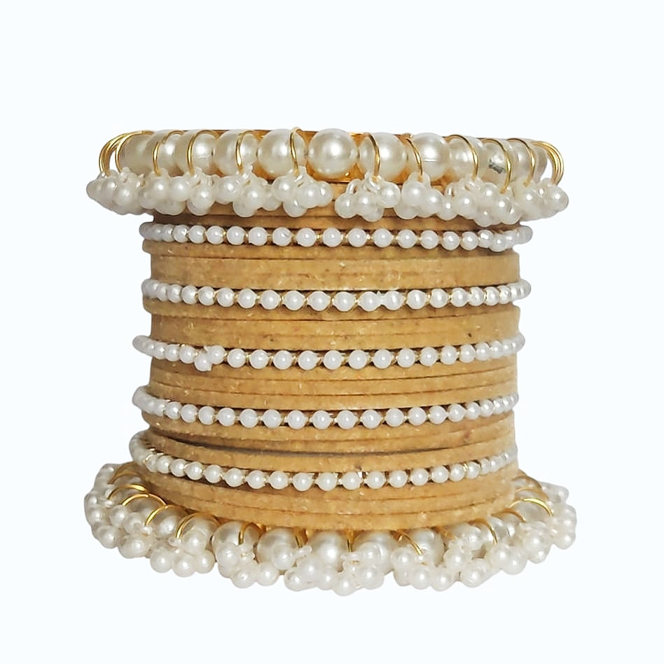 Camel Velvet Pearl Gajra Bangle - Metal
