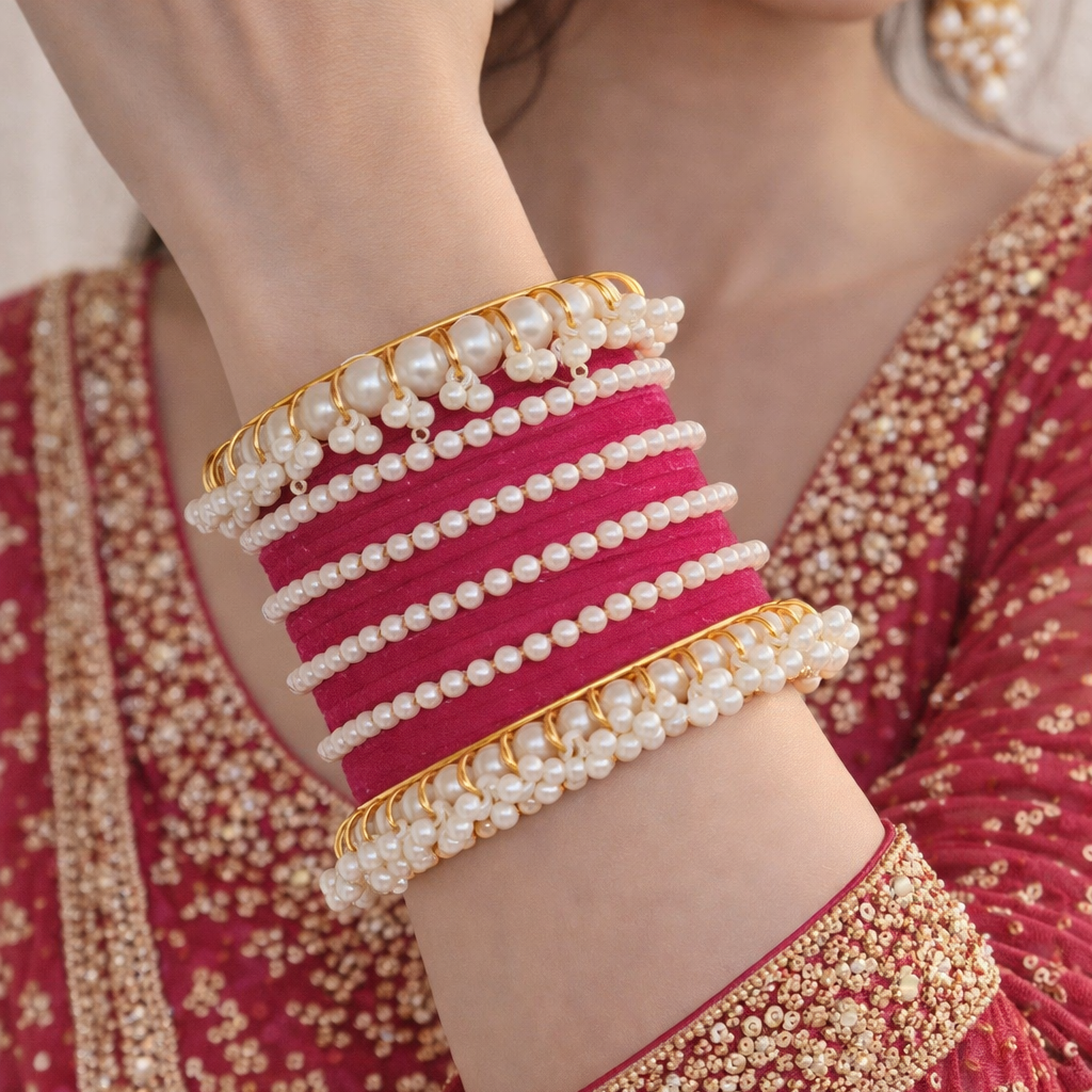 Pink Velvet Pearl Gajra Bangle - Metal