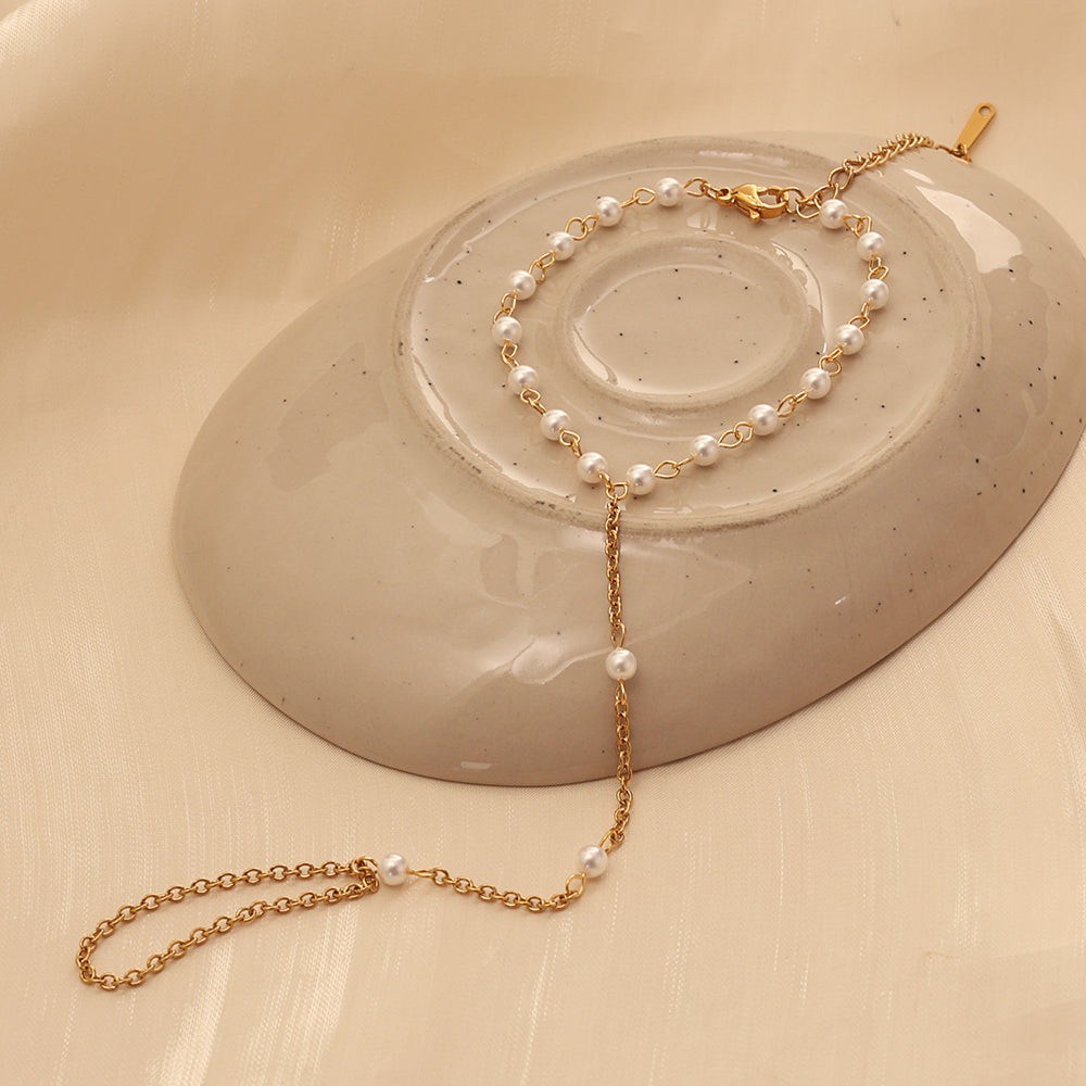 Pearl Hand Chain Bracelet - Stainless Steel