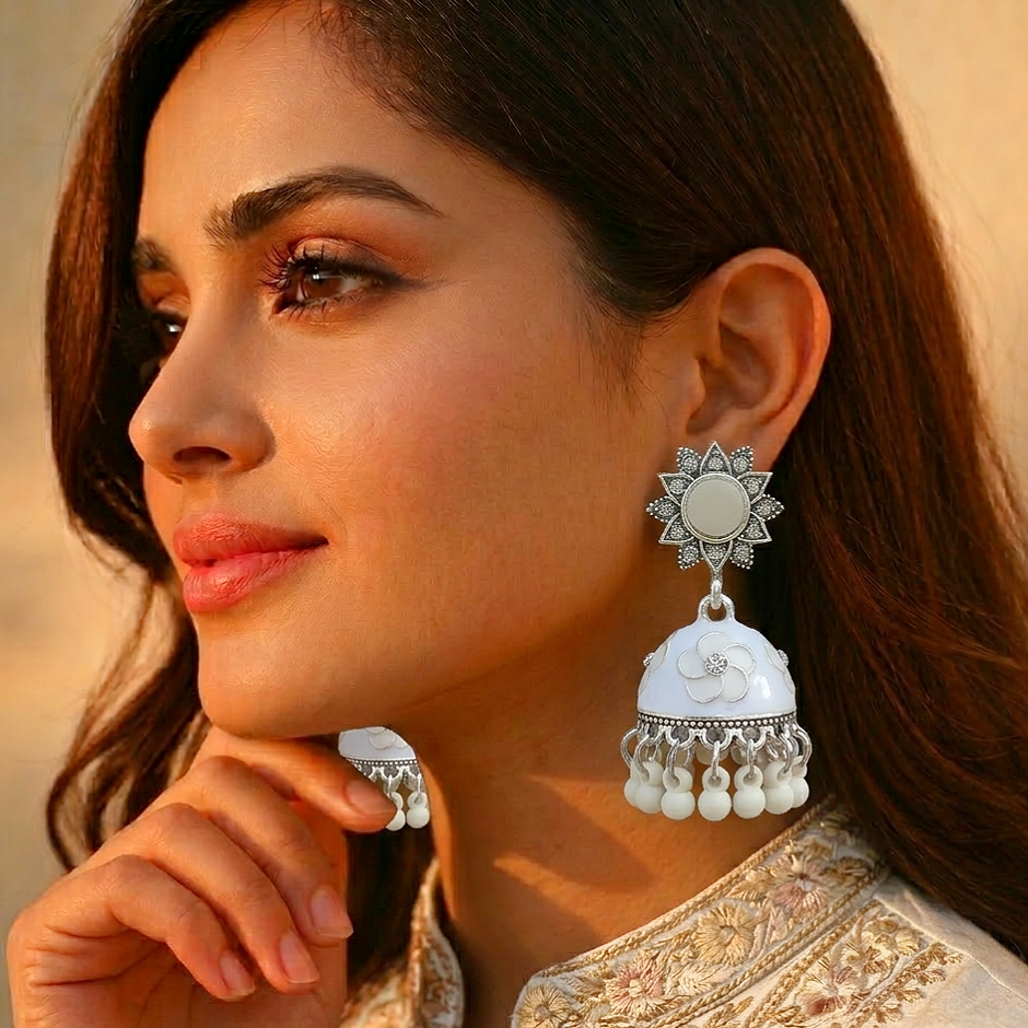 Cream White Meenakari Jhumka - China Imported