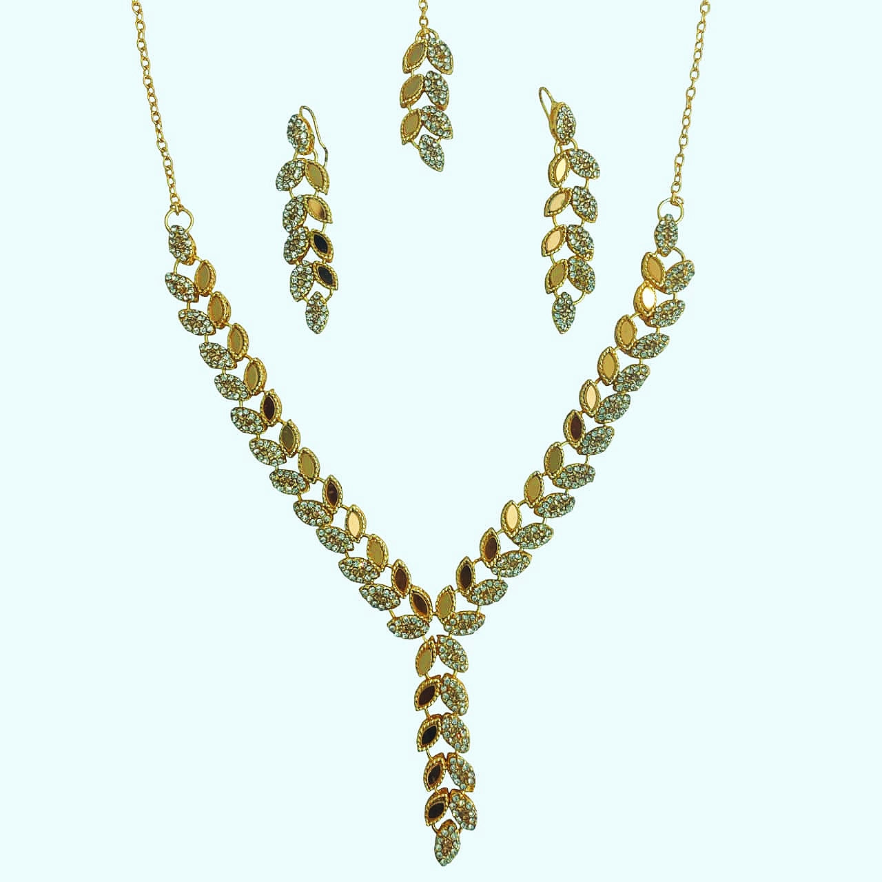 V Shaped Leaf Studs Set (Necklace + Earrings + Head Ornament) - Cultural Handmade