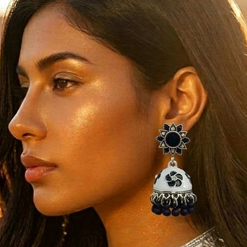 Black White Meenakari Jhumka - China Imported
