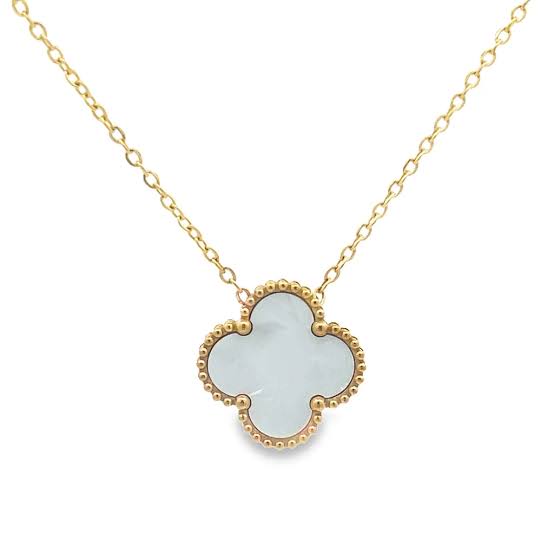 White Four Leaf Clover Necklace - Stainless Steel