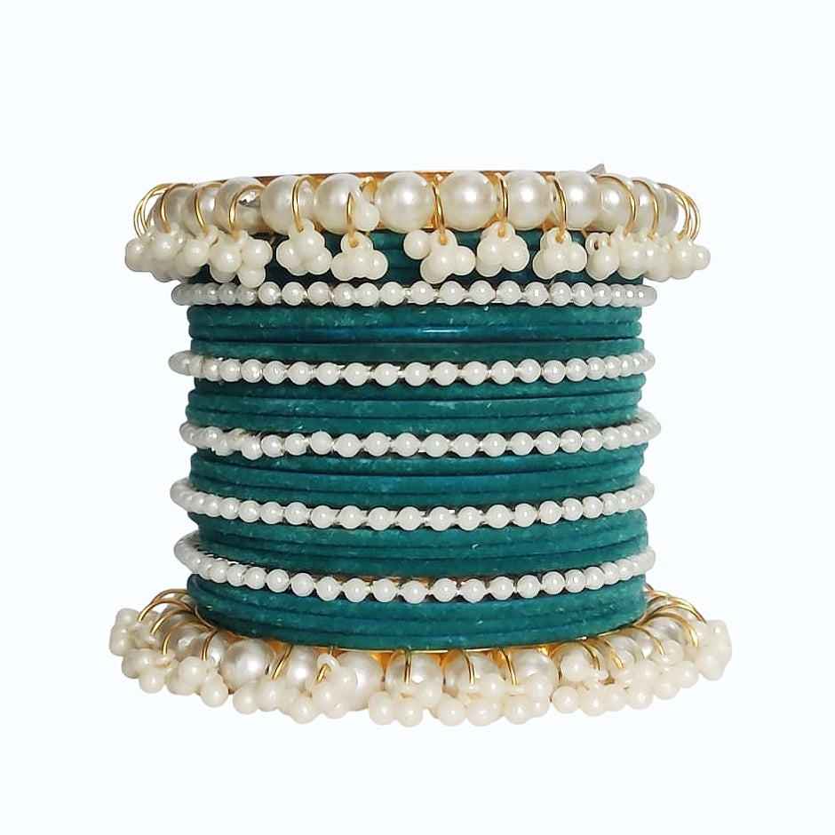 Dark Green Velvet Pearl Gajra Bangle - Metal
