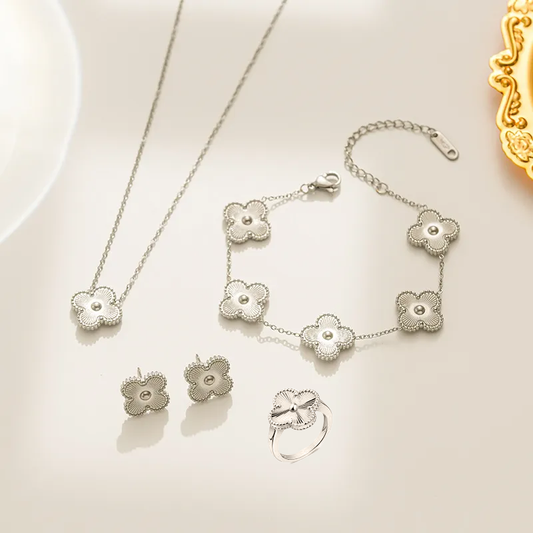 Complete Silver Set Clover (Chain Bracelet + Necklace + Ring + Tops)