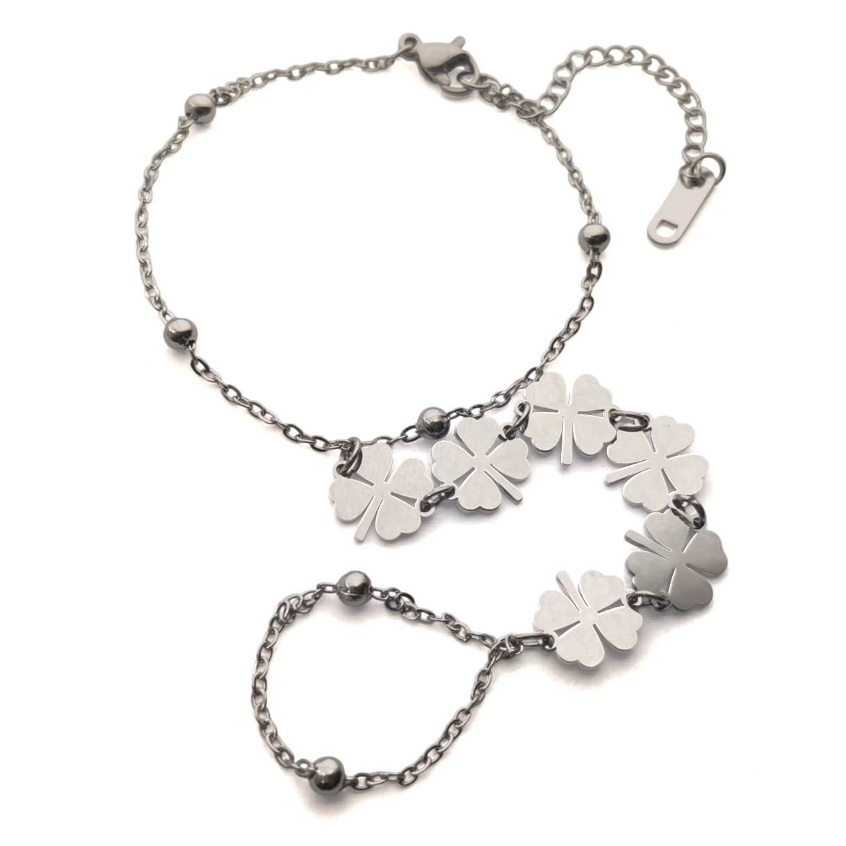 Silver Clover Hand Chain Bracelet - Stainless Steel