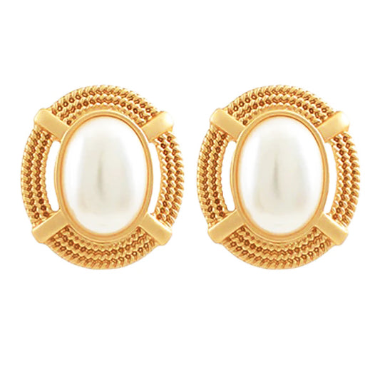 Oval Plated Pearl Earrings - Stainless Steel