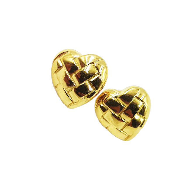 Gold Quilted Heart Stud Earrings - Stainless Steel