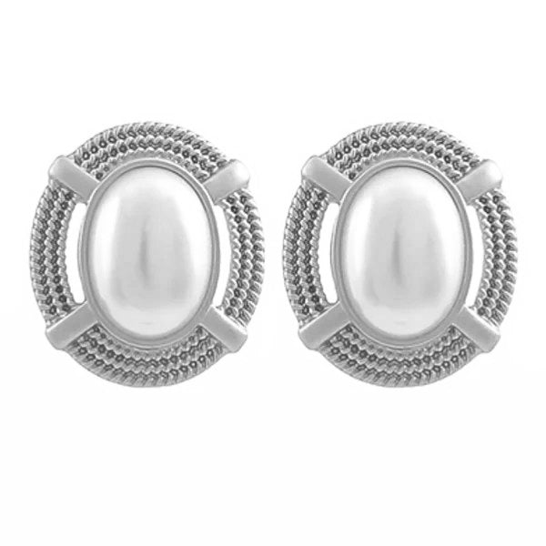 Oval Plated Pearl Earrings - Stainless Steel