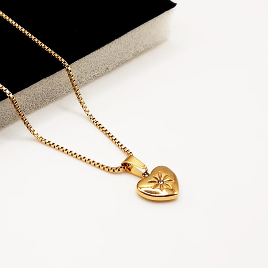 Mini Diamond Leaf Heart Necklace - Stainless Steel